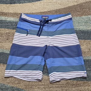 Patagonia Men’s Board Shorts Size 31 Blue Striped Swim Trunks Zipper Pocket